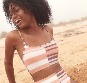 Aerie scoop neck bikini top size S striped neutral colors adjustable strap lined